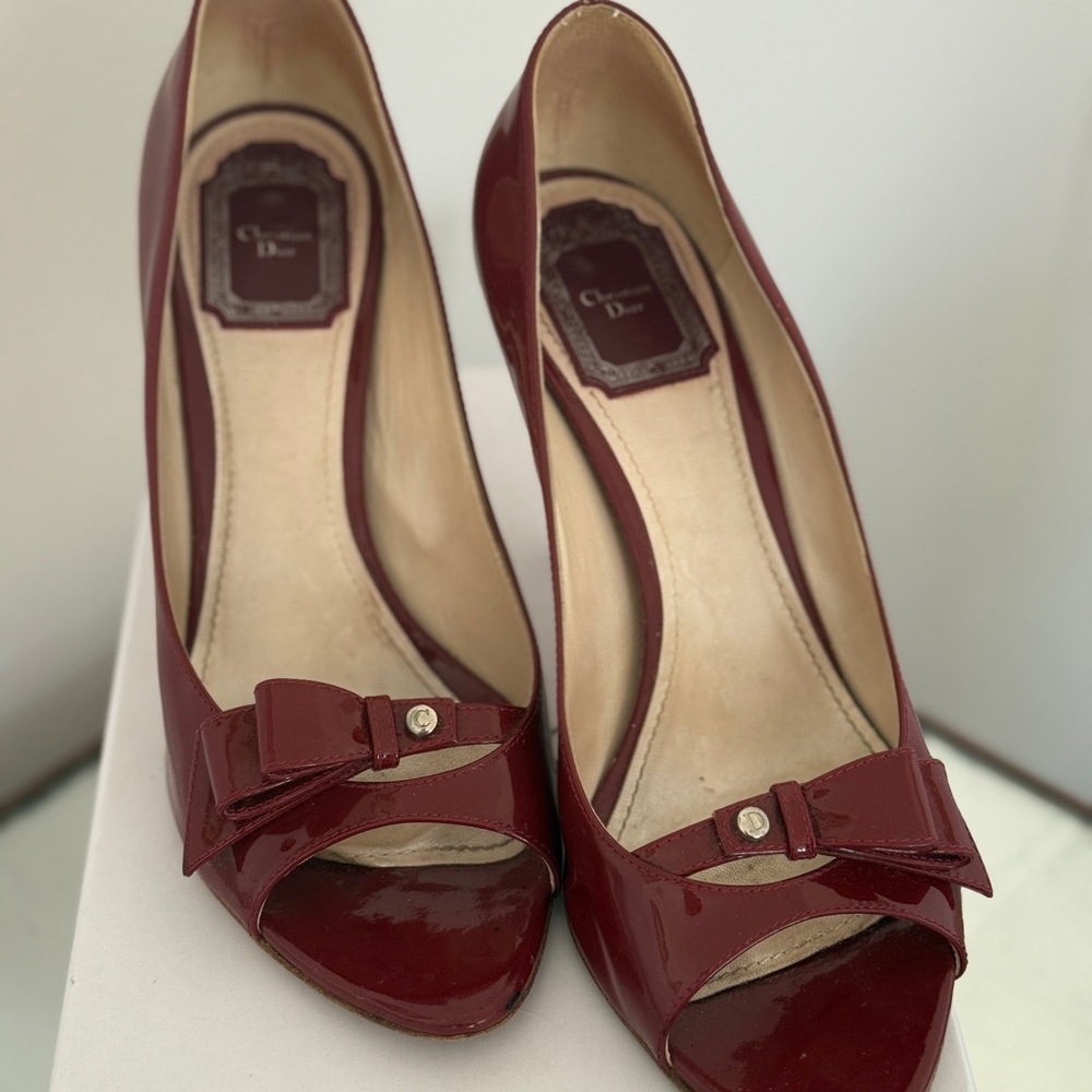 Dior Burgundy Bow Peep-Toe Heels